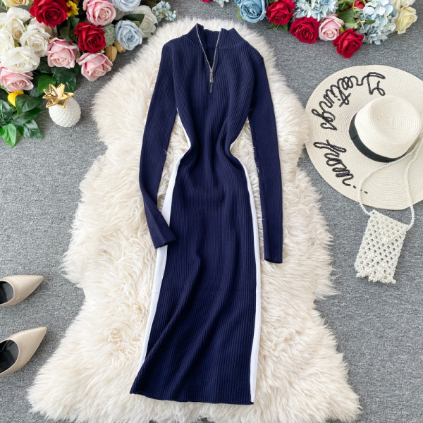 Modern női kötött ruha testén több színben cipzárral