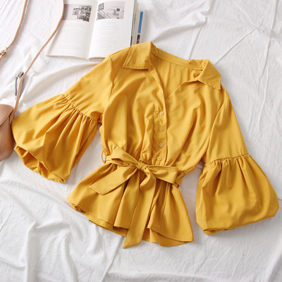 Нов модел дамска риза с класическа яка,колан и широки ръкави в няколко цвята