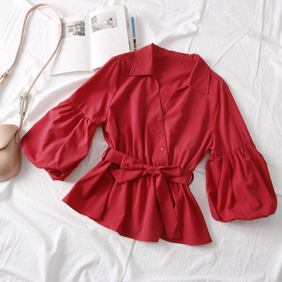 Нов модел дамска риза с класическа яка,колан и широки ръкави в няколко цвята