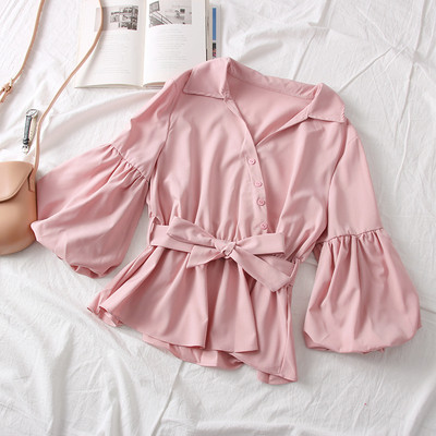 Нов модел дамска риза с класическа яка,колан и широки ръкави в няколко цвята