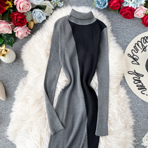 Modern női ruha Slim-modell polo gallérral és hosszú ujjal