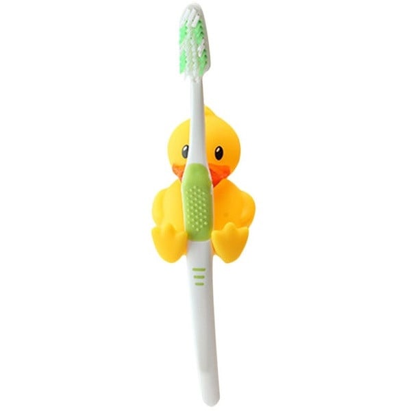 Creative toothbrush holder attached by vacuum to any surface in the form of a yellow duck