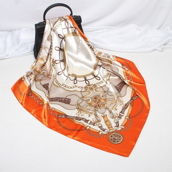 Modernus moteriškas satino šalikas mėlynos, oranžinės ir raudonos spalvos