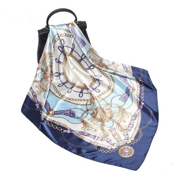 Modernus moteriškas satino šalikas mėlynos, oranžinės ir raudonos spalvos