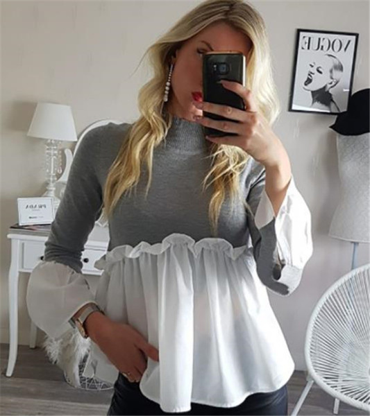 Modern női blúz magas gallérral és tüll szürke és fekete színben