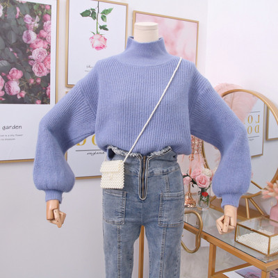 Pulover de dama potrivit pentru iarna cu guler inalt in culorile alb, albastru, negru si portocaliu