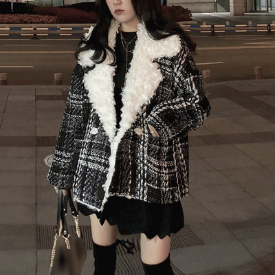 Női őszi-téli kockás kabát puha béléssel