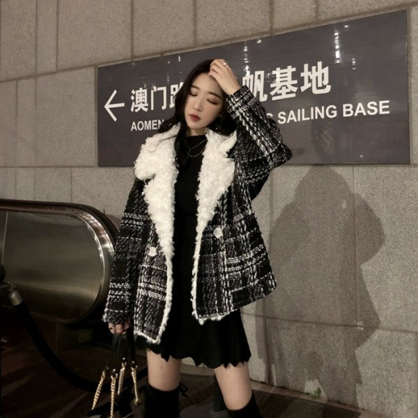 Női őszi-téli kockás kabát puha béléssel