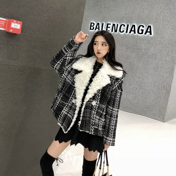 Női őszi-téli kockás kabát puha béléssel