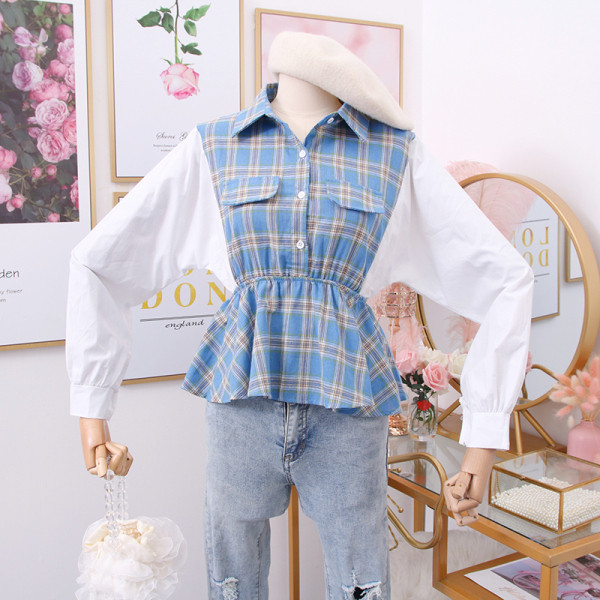 Cămașă de damă în carouri cu guler clasic și mâneci lungi