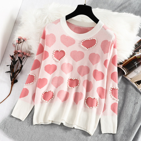 Modern női téli pulóver kerek nyakkivágással és gyöngyökkel