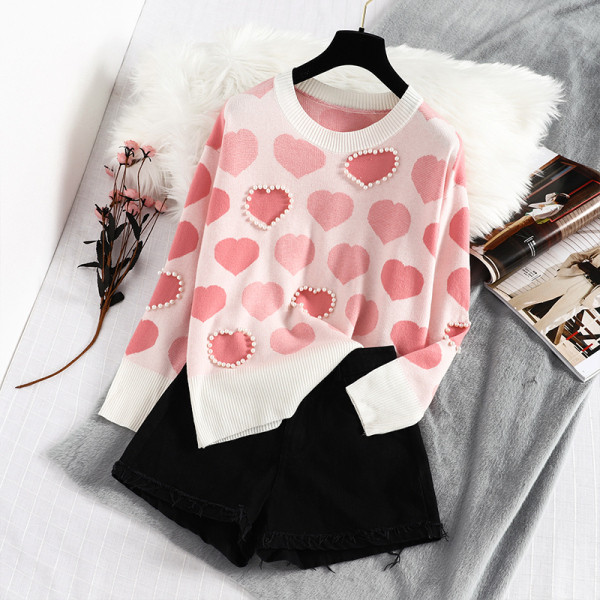 Modern női téli pulóver kerek nyakkivágással és gyöngyökkel