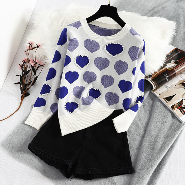 Modern női téli pulóver kerek nyakkivágással és gyöngyökkel