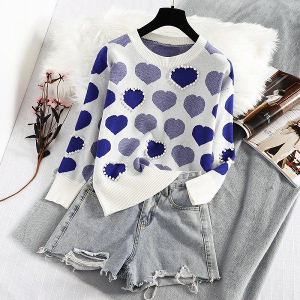 Modern női téli pulóver kerek nyakkivágással és gyöngyökkel