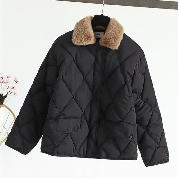 Női téli kabát klasszikus gallérral és gombokkal fekete és bézs színben