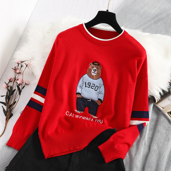 Női karácsonyi pulóver medvével, piros és fekete színben