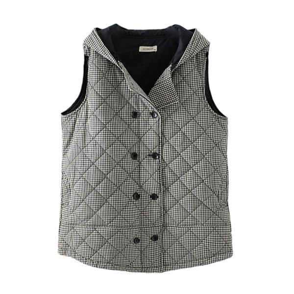 Őszre és télre alkalmas női mellény kapucnival és fekete-piros gombokkal