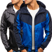 Modern férfi kabát kapucnival és cipzárral szürke és kék színben