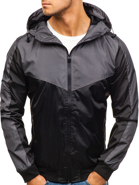 Modern férfi kabát kapucnival és cipzárral szürke és kék színben