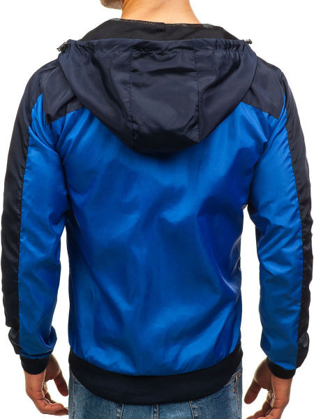 Modern férfi kabát kapucnival és cipzárral szürke és kék színben