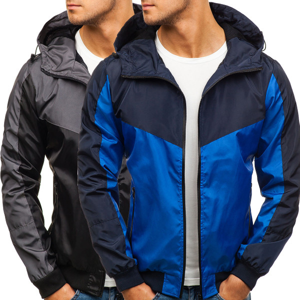 Modern férfi kabát kapucnival és cipzárral szürke és kék színben