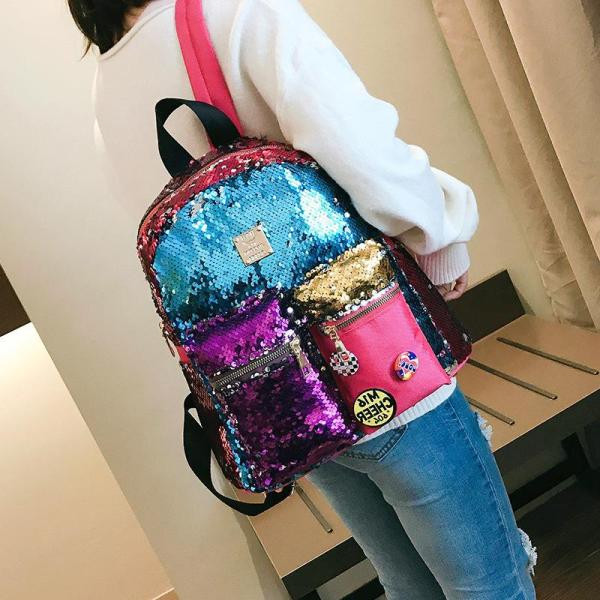 Modern női hátizsák zsebekkel és flitterekkel, hat színben