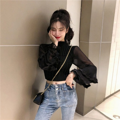 Aktuális női blúz magas pólógallérral és lótusz ujjakkal