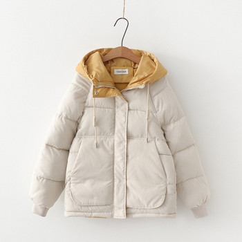 Geaca de iarna de dama cu gluga si buzunare in negru, albastru, galben si alb