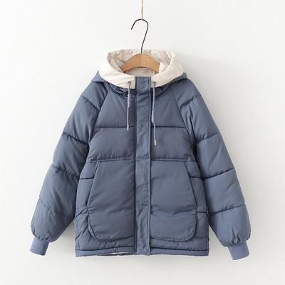 Geaca de iarna de dama cu gluga si buzunare in negru, albastru, galben si alb