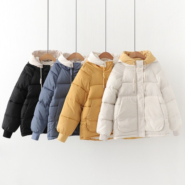 Geaca de iarna de dama cu gluga si buzunare in negru, albastru, galben si alb