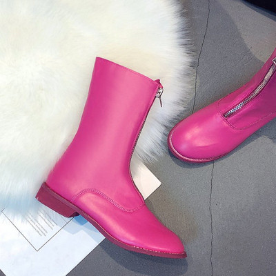 Modern női csizma lekerekített modell fekete, fehér és rózsaszín cipzárral