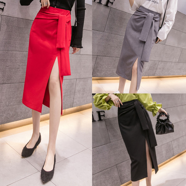 Modern női szoknya három színben, magas derékkal és hasítékkal