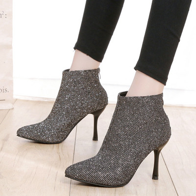 Cizme de dama elegante cu toc subtire in negru si gri