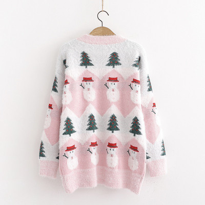 Új modell női karácsonyi pulóver kerek nyakkivágással, kék és rózsaszín színben