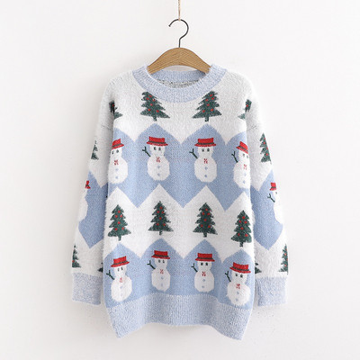 Új modell női karácsonyi pulóver kerek nyakkivágással, kék és rózsaszín színben