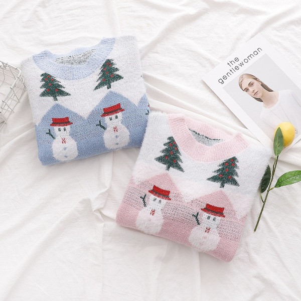 Új modell női karácsonyi pulóver kerek nyakkivágással, kék és rózsaszín színben