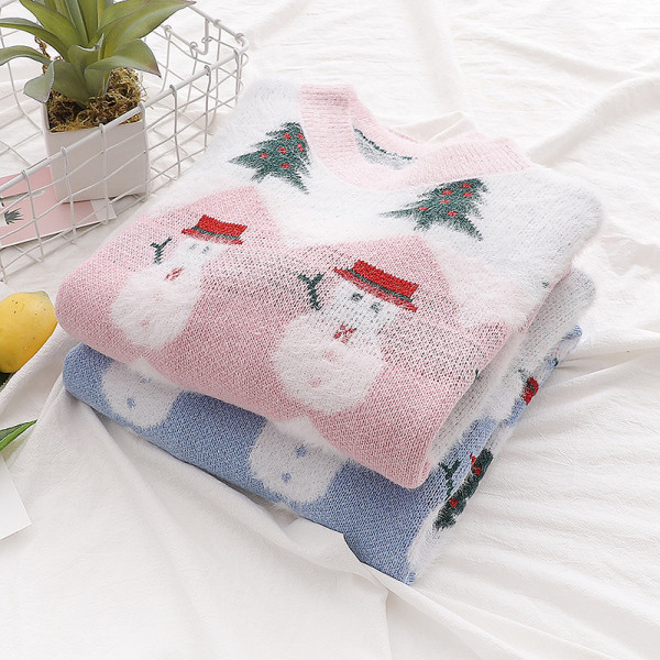 Új modell női karácsonyi pulóver kerek nyakkivágással, kék és rózsaszín színben