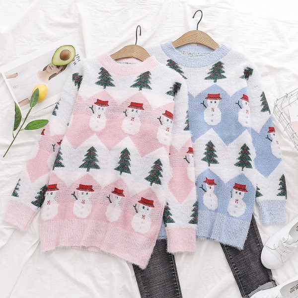 Új modell női karácsonyi pulóver kerek nyakkivágással, kék és rózsaszín színben