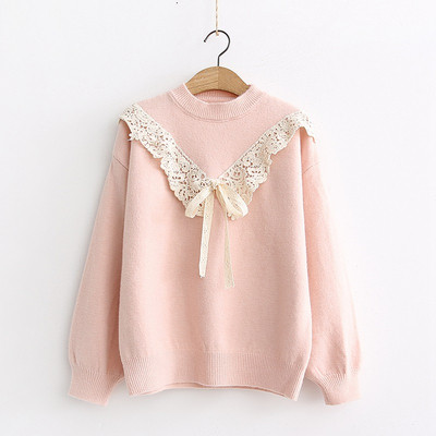 Női pulóver kerek nyakkivágással és csipkével rózsaszín, fekete és kék színben