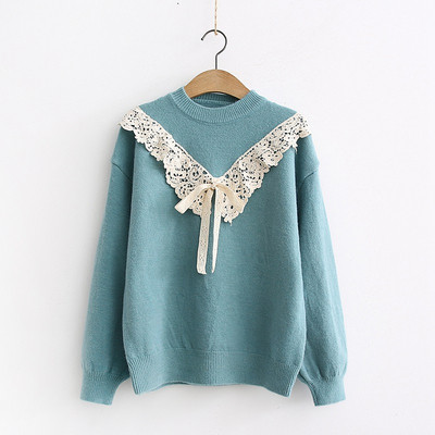 Női pulóver kerek nyakkivágással és csipkével rózsaszín, fekete és kék színben