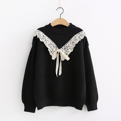 Női pulóver kerek nyakkivágással és csipkével rózsaszín, fekete és kék színben