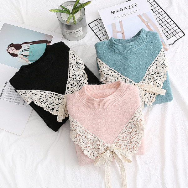 Női pulóver kerek nyakkivágással és csipkével rózsaszín, fekete és kék színben