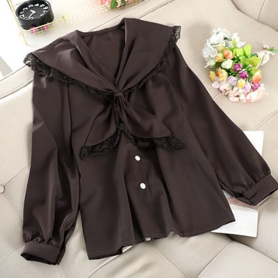 Cămașă de damă modernă cu nasturi și cravate în maro, negru, alb și visiniu