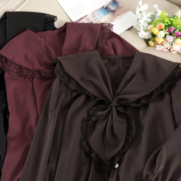 Cămașă de damă modernă cu nasturi și cravate în maro, negru, alb și visiniu