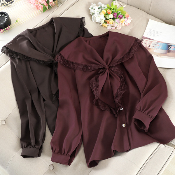 Cămașă de damă modernă cu nasturi și cravate în maro, negru, alb și visiniu