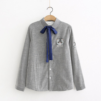 Csíkos női ing hímzéssel és puha béléssel, kék, szürke és rózsaszín színben