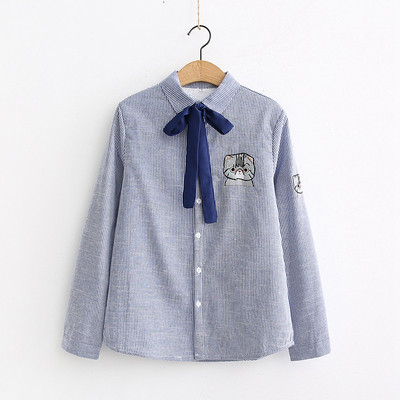 Csíkos női ing hímzéssel és puha béléssel, kék, szürke és rózsaszín színben