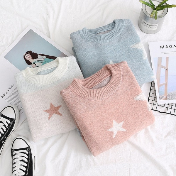 Új modellű női pulóver csillagokkal, kerek nyakkivágással, kék, rózsaszín és fehér színekben