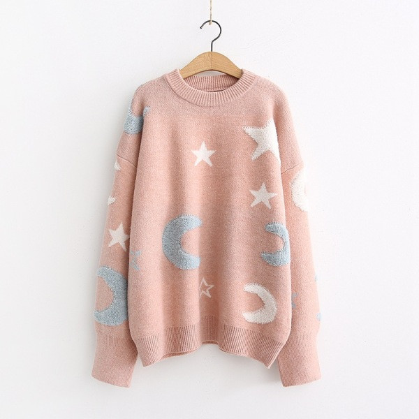 Új modellű női pulóver csillagokkal, kerek nyakkivágással, kék, rózsaszín és fehér színekben