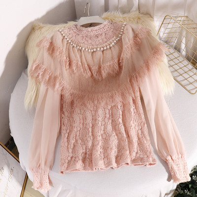 Modern női ing gyöngyökkel és csipkével, három színben